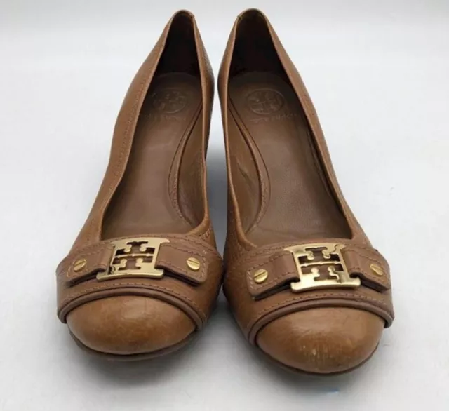 Authentic Tory Burch Brown Pebbled Leather Natalya Wedges Womens Size 8