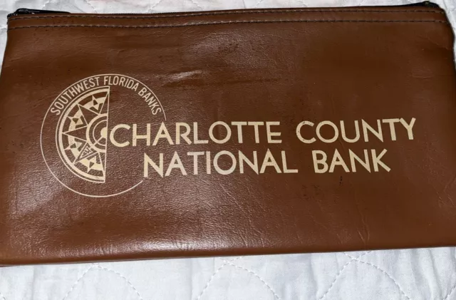 Vintage Brown Charlotte County national Bank zippered money deposit bag pouch