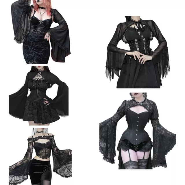 Women Sexy Gothic Long Flare Sleeve Lace Shrug Retro Steampunk Crop Top Cardigan 3