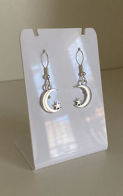 Silver Drop Dangle Earrings Moon And Star Shaped Womens Girls Handmade