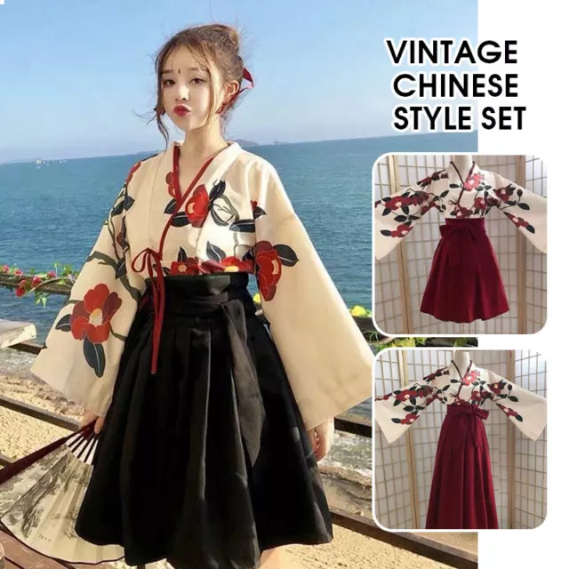 Kimono Sakura Girl Japanese Style Haori Floral Print Cosplay Hanfu Skirt Dress