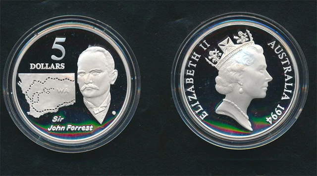 Australia: 1994 $5 Sir John Forrest WA. 1.07oz ASW 36g Silver ex masterpieces.
