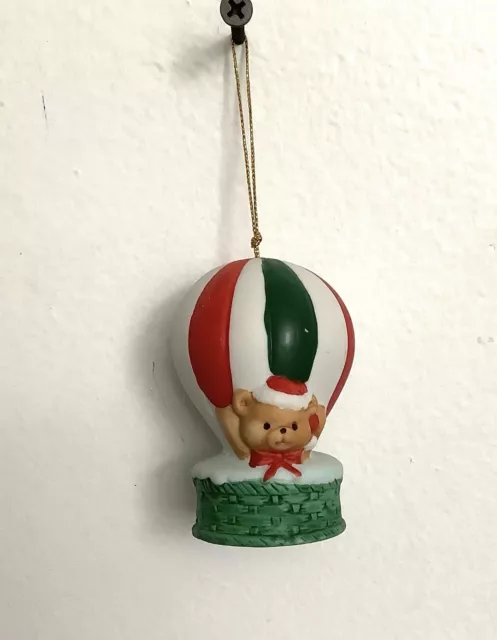 Vintage Christmas Red, Green, and White Hot Air Balloon Bell with Teddy Bear