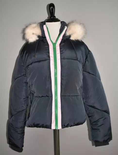 TOPSHOP NEW $130 Lauren Faux Fur Hooded Puffer Jacket in Navy Size 8 2