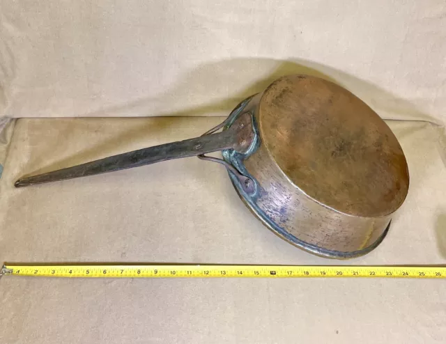 Antique 1800s Large Heavy Copper Pan 16” Iron Handle Primitive Rustic Farmhouse