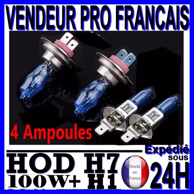 Kit De 4 Ampoule Hod H1 H7 100W Lampe Halogene Phare Xenon Gaz Super White 6000K