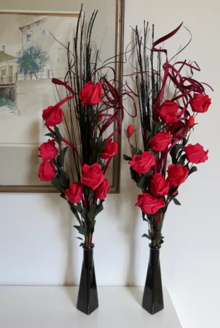 Valentines gift Set of 2 red artificial Roses in GLASS vases - wedding tables
