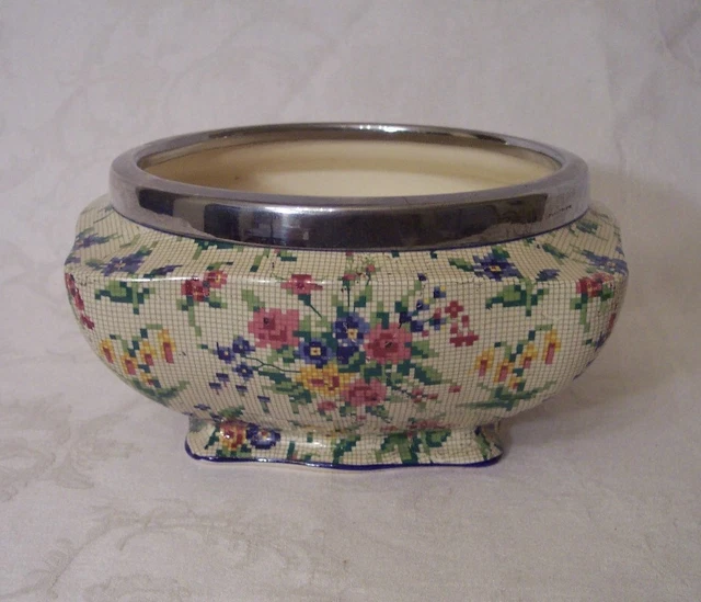 Royal Winton Queen Anne Chintz Salad Bowl w/ Silver Rim, floral