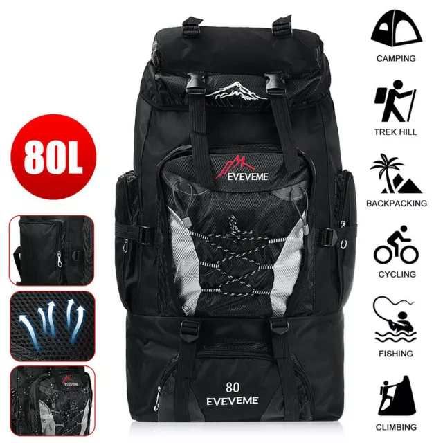 80L Travel Extra Large Hiking Camping Backpack Rucksack Waterproof Luggage Bag