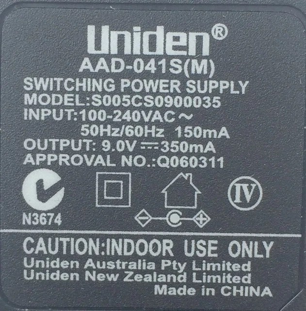 UNIDEN POWER SUPPLY AAD-041S AC/DC Adapter 9v 350mA $16.00 - PicClick AU
