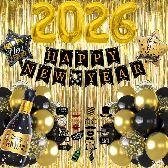 Silvester Deko Set 2026 – Schwarz Gold Mit Happy New Year Girlande, Folienballons, Pompons & Regenvorhang Folienballons 2026