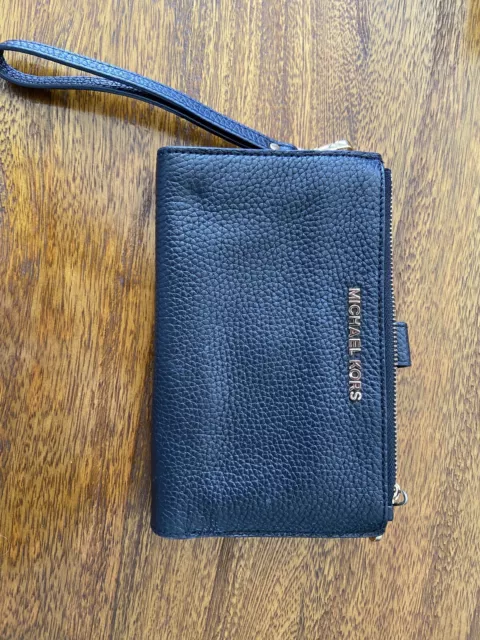 MICHAEL KORS DOUBLE Zip Wristlet Wallet Pebbled Black Leather $49.99 ...