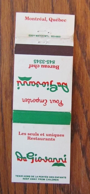 Da Gioanni Restaurant Matchbook Cover: Montreal, Quebec Matchcover -C18