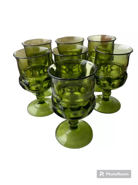 Imperial Glass Provincial Green Thumbprint Water Goblet 5 5/8” Vintage 7 Glasses