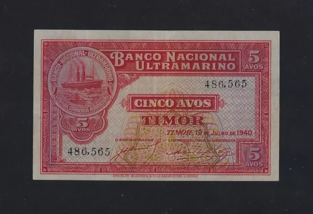 Portugal Portuguese TIMOR 5 AVOS 1940 P-12 AU-UNC RARE