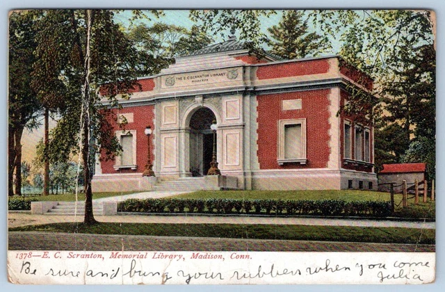 Pre-1908 E C SCRANTON MEMORIAL LIBRARY MADISON CONNECTICUT*CT*CREASED POSTCARD