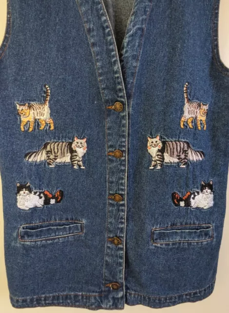 Vintage Denim Vest Whimsical CAT Embroidery S M USA Made Blue Cotton Kitten Mom