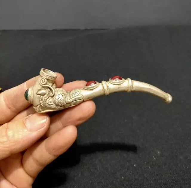 Collect Noble copper tibet silver carved dragon inlay red zircon smoking pipe