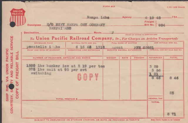 Union Pacific RR Freight Bill 1948 Nampa ID-Pocatello ID ice & salt