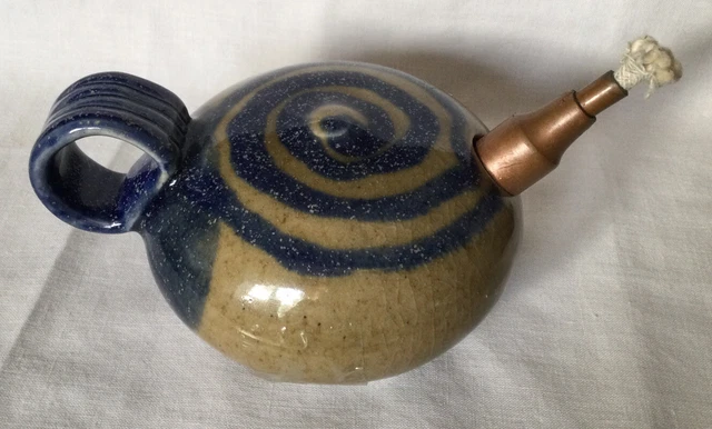 2001 Studio Pottery Hand Held Oil Lamp Blue Glazed Swirl Design Signed