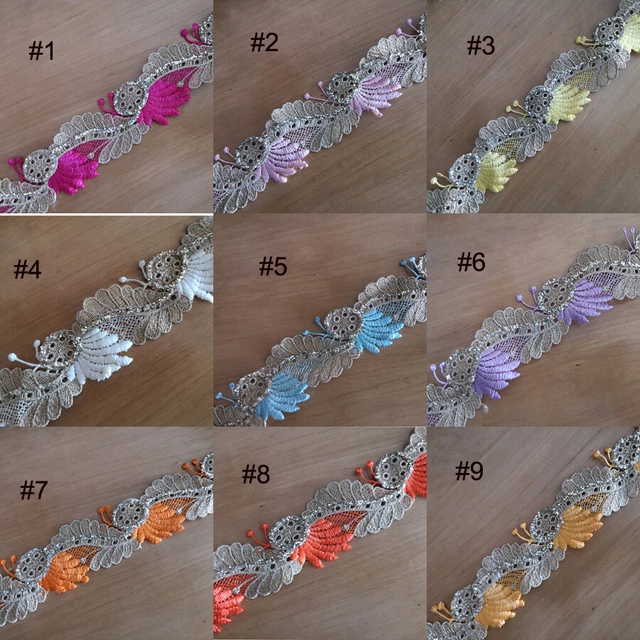 9 Colors 1.75''Wide Rayon Venise Lace/Gold Metallic Blue,Pink,Orange,Ivory zhs28