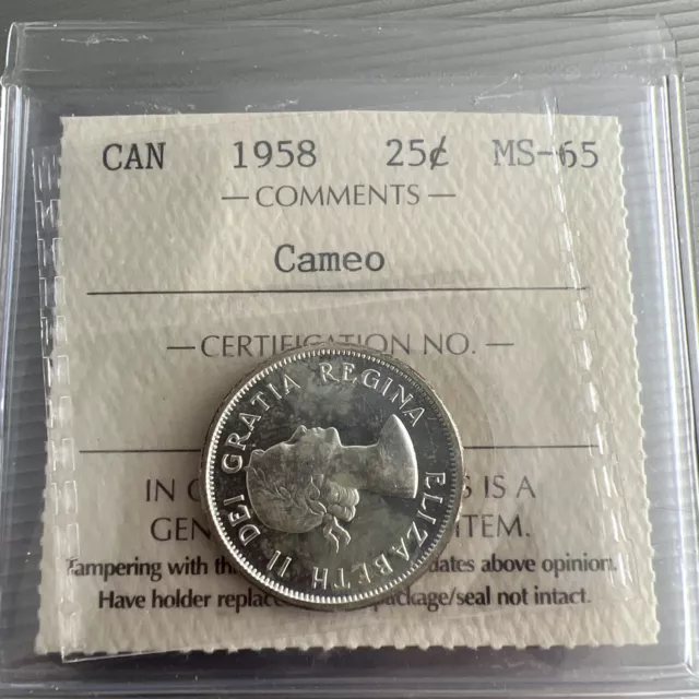 1958 Canadian $.25 cent (Quarter) Silver Coin ICCS MS 65 Cameo.  Very High Grade