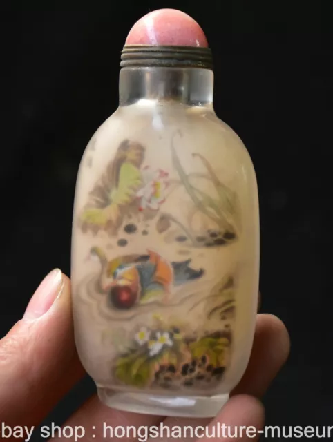 3.6" Old Chinese Glass Painting Dynasty Duck Snuff box Snuff Bottle Statue 3