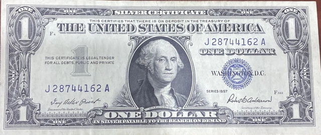 United States Silver Certificate $1 Bill Series 1957 Blue Seal Fine Condition