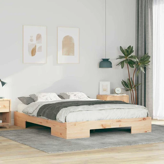 BED FRAME NATURAL Pine Solid Wood 140x200cm Rustic Low Platform Slatted