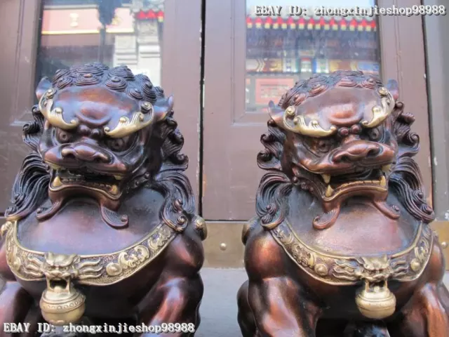 12" China Bronze Copper BeiJing Palace Royal Evil Guardian Fu Foo Dog Lion Pair 3