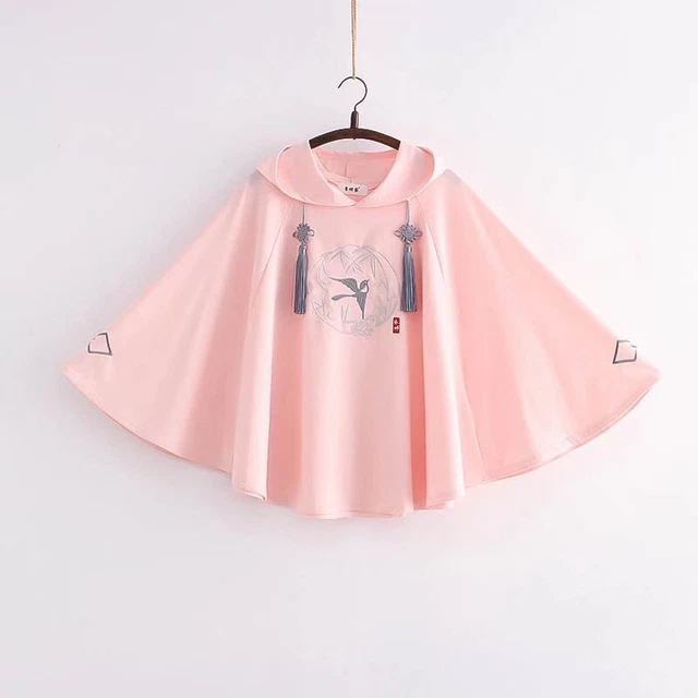 Donna Ragazze Ricamo con Cappuccio Mantello Poncho Felpa Nodo Cinese Dolce