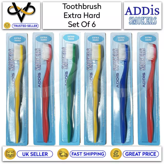 6 x Addis Smokers Extra Hard Toothbrush Effective Food Stain And Tobacco Remover