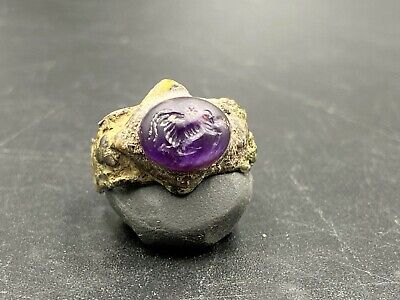 Ancient Antiquity Roman Empire Bronze Jewelry Old Ring Amethyst Intaglio Stamp