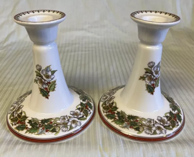 Pair of 2 Spode Bone China Christmas Rose Candle Holder Candlesticks