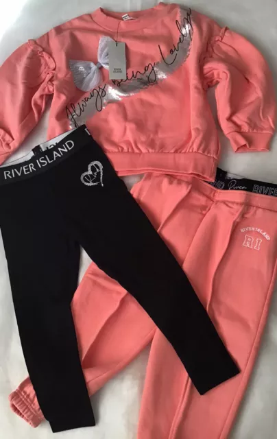 Set tuta mini ragazze River Island età 4-5 anni fiocco glitter corallo nuova con etichette