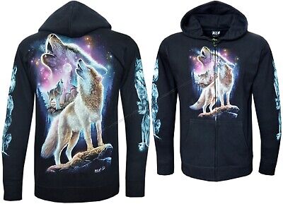 Zip Up Hoodie Wolves Howling Under the Cosmic Night Wolf Glow in Dark by Wild