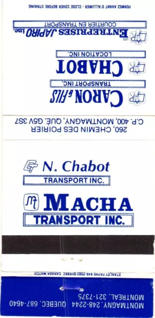 Montreal Quebec Canada N. Chabot Macha Transport Inc., Vintage Matchbook Cover