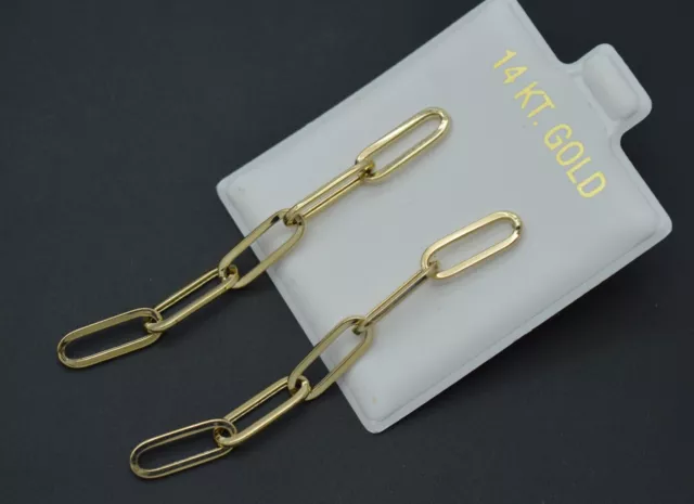 Real 14K Yellow Gold Paperclip Shiny Long Drop Dangle 4mm 2.20'' Earrings