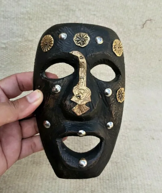 Antique Rare African Carved Wood Bronze Cameroon Son of a Tribal leader War Mask