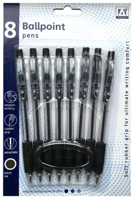 8 Smooth Writing Rubber Grip Retractable Ballpoint Pens Home Office School Black