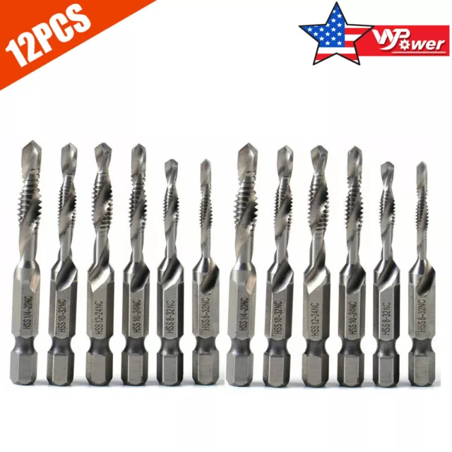 6/12PCS HSS 1/4" Hex Shank Titanium Coated Screw SAE Thread Tap Drill Bits Set