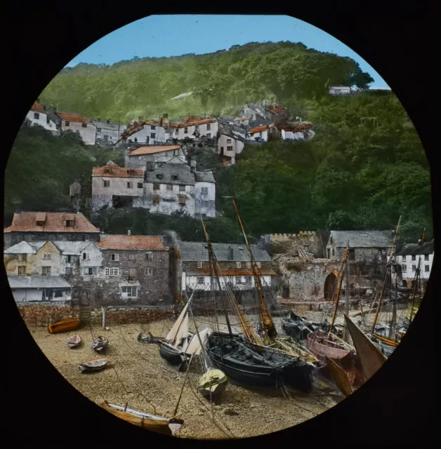 Glass Magic Lantern Slide CLOVELLY FROM THE PIER C1889 VICTORIAN PHOTO DEVON