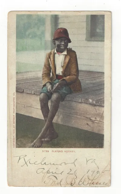Old Original Black Americana Postcard "PLAYING HOOKEY" 1902 Very Rare