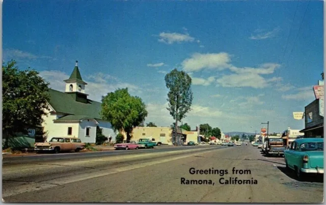 RAMONA, California Postcard Main Street / Downtown Scene San Diego County 1960s