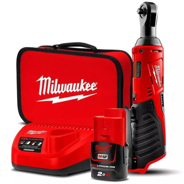 New Milwaukee Powerful 250 RPM 12V 2.0Ah Li-Ion Cordless 3/8" Ratchet Combo Kit