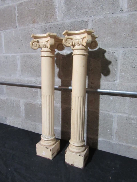 ~ Pair Antique Cherry Wood Columns With Ornate Capitals ~ 30" ~ Salvage