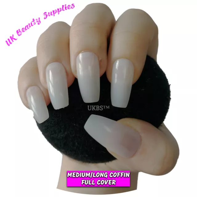 600x Medium Coffin NATURAL Full Cover False Nails Glue On Acrylic Tips UK SELLER