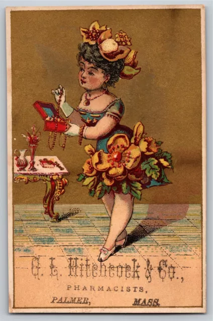 Palmer, MASS Hitchcock & Co. Pharmacists  Victorian Trade Card Girl Pearls Gilt