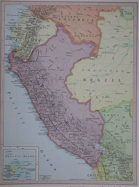 Vintage 1967 Rand McNally Atlas Map ~ PERU, LORETO, ECUADOR, SOUTH AMERICA