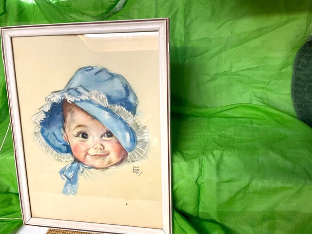 Vintage Framed Print of a Baby Girl in a Blue Bonnet by Maud Tousey Fanpol